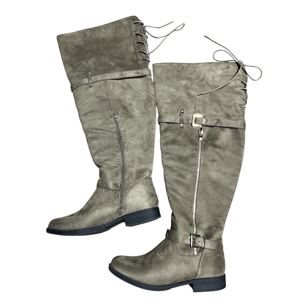 It’s Women Knee-High Boots Sz 10W Olive Green Faux Suede Wide Calf Zip Low Heel